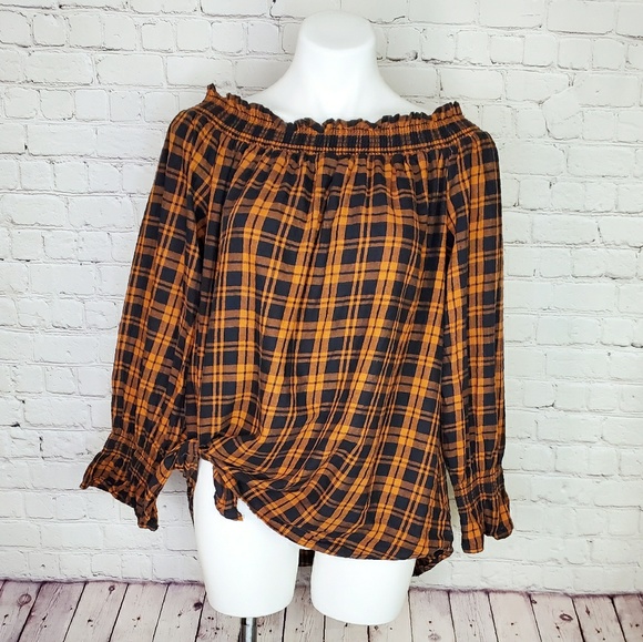 beachlunchlounge Tops - Beachlunchlounge off the shoulder plaid blouse